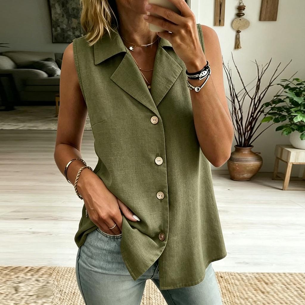 Women's Color V-neck Sleeveless Vest Top Button Inch Shirt