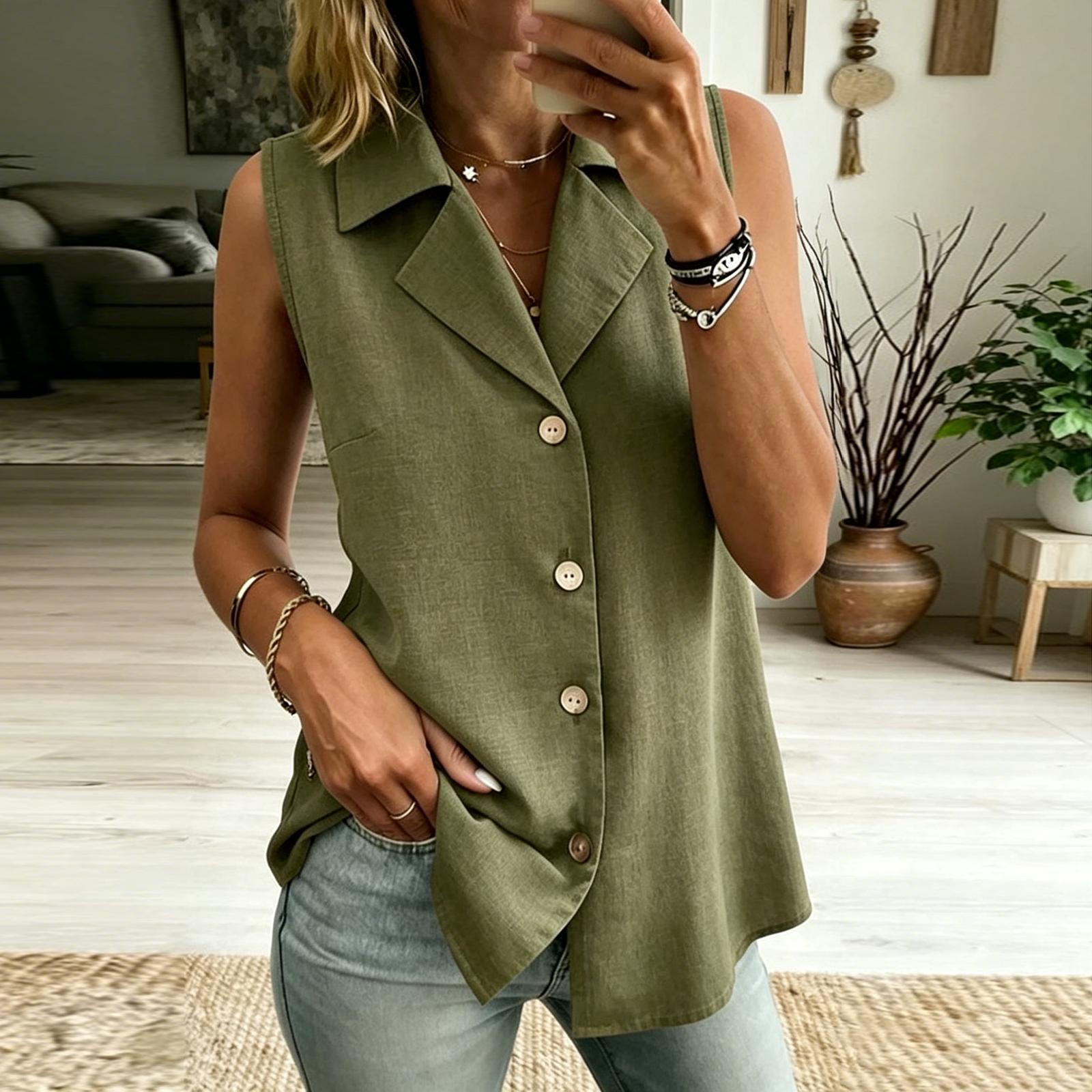 Women s Color V-neck Sleeveless Vest Top Button Inch Shirt S