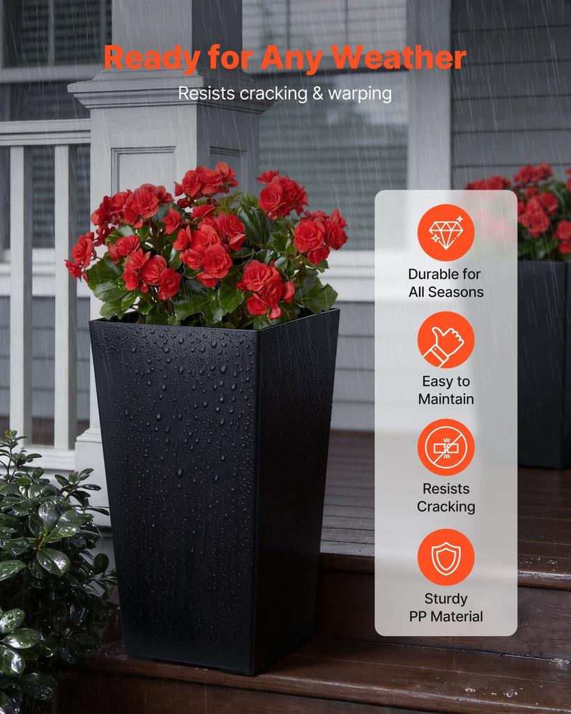 Tall Planters Set of 2, 550 mm Large Outdoor Taper Planters for Outdoor Indoor Plants, Front Porch Plastic Modern Flower Pots with Casters, Inner Pot