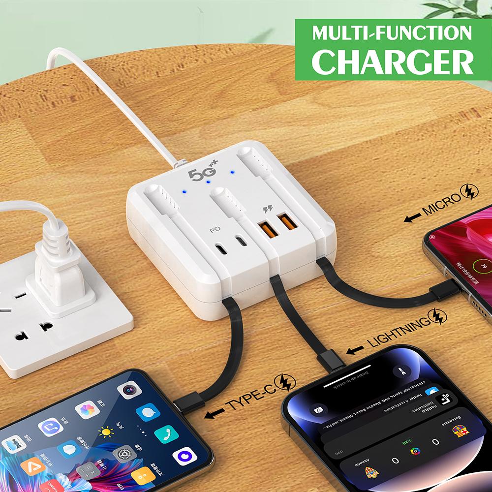 Încărcător USB cu încărcare rapidă, 66W, 4 porturi, pentru călătorie, cu priză, adaptor de cablu tip C pentru iPhone 14 15, Xiaomi, Samsung