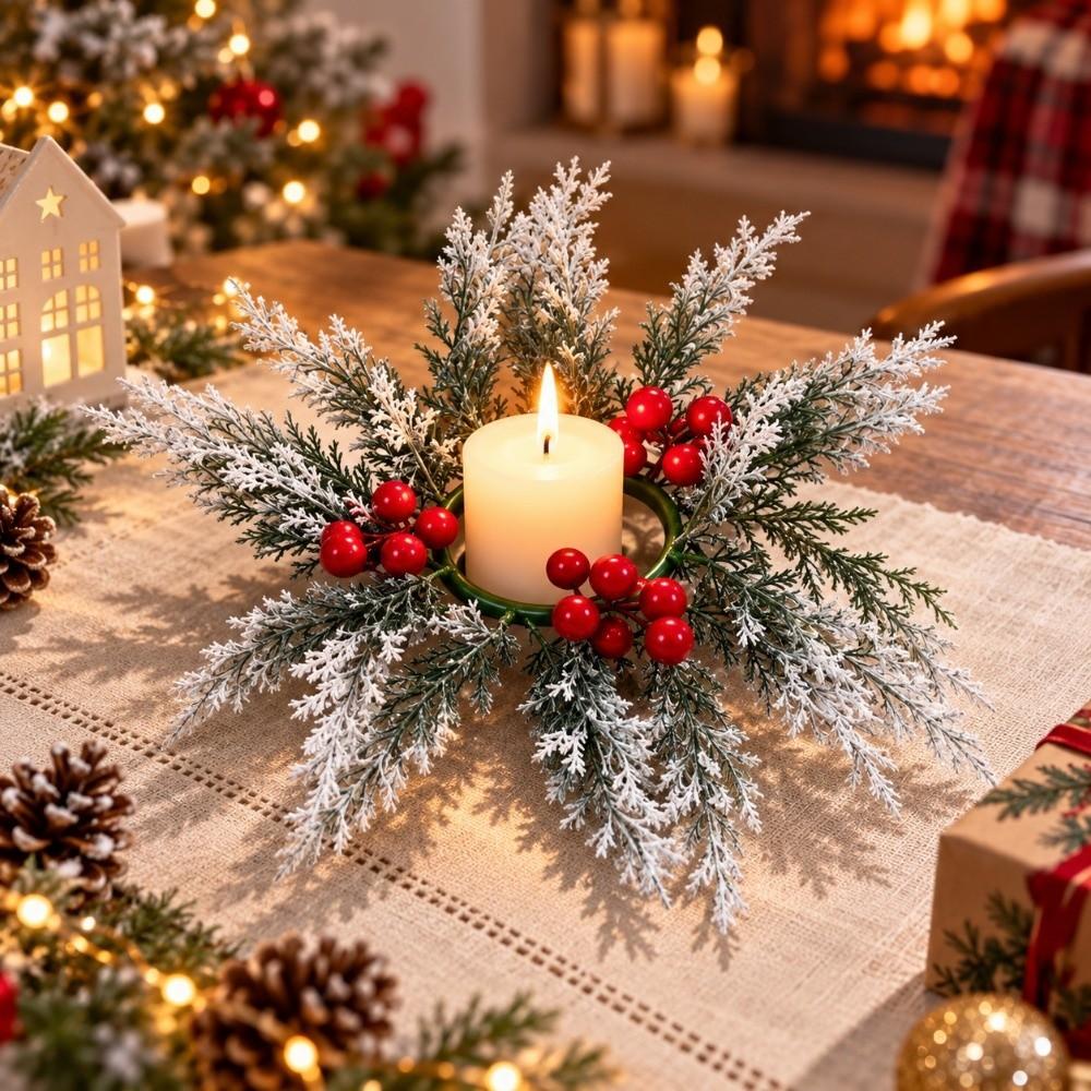 Red Berry Artificial Wreath Candle Rings DIY Xmas Pillar Candlestick Wreath Candle Holder Xmas