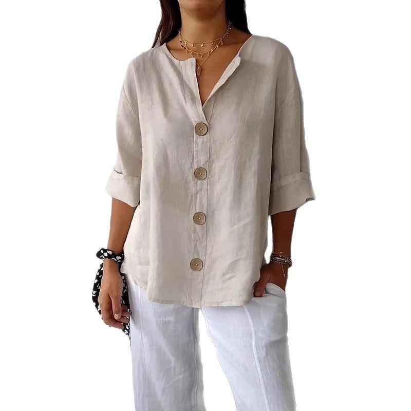 Summer Loose Fitting Women's V-neck Cotton Linen Button T-shirt Top for Women Shirt