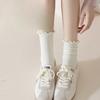 Boneless Socks, Women's Summer Breathable Cotton Socks, Solid Color Mid-calf Socks, Black Fungus Lace, Spring and Autumn Pile Socks