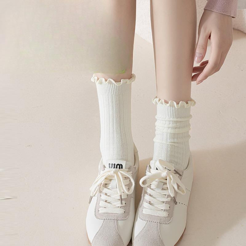 Boneless Socks, Women's Summer Breathable Cotton Socks, Solid Color Mid-calf Socks, Black Fungus Lace, Spring and Autumn Pile Socks
