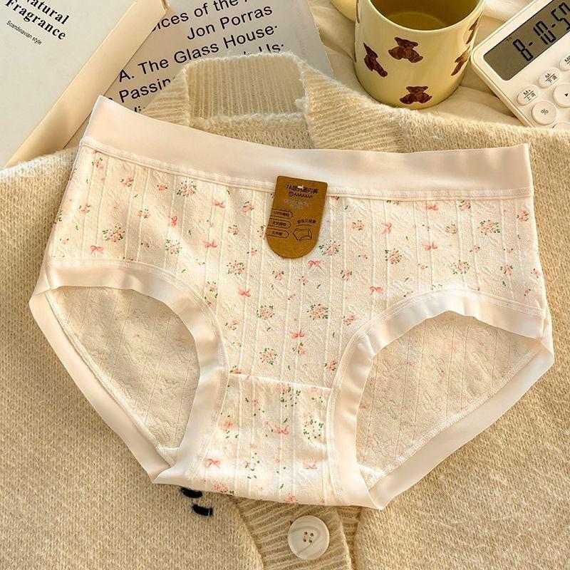 Ladies Spring and Autumn Sweet Floral Pure Cotton 7A Antibacterial Mid Waist Briefs