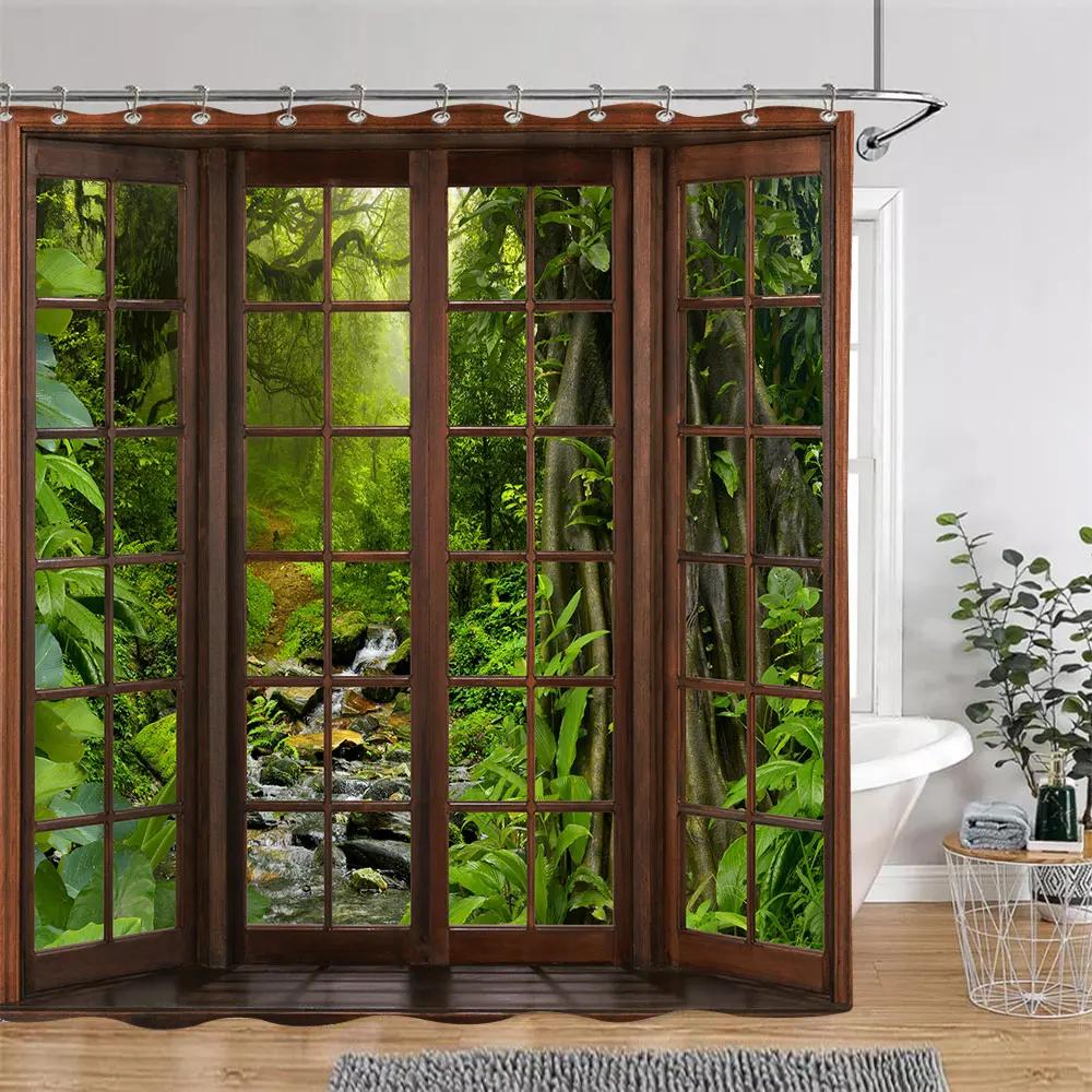 Sonnenschein Grün Wald Braun Fenster Duschvorhänge Bäume Pflanzen Natur Landschaft Polyester Badezimmer Vorhang Set Dekor Mit Haken