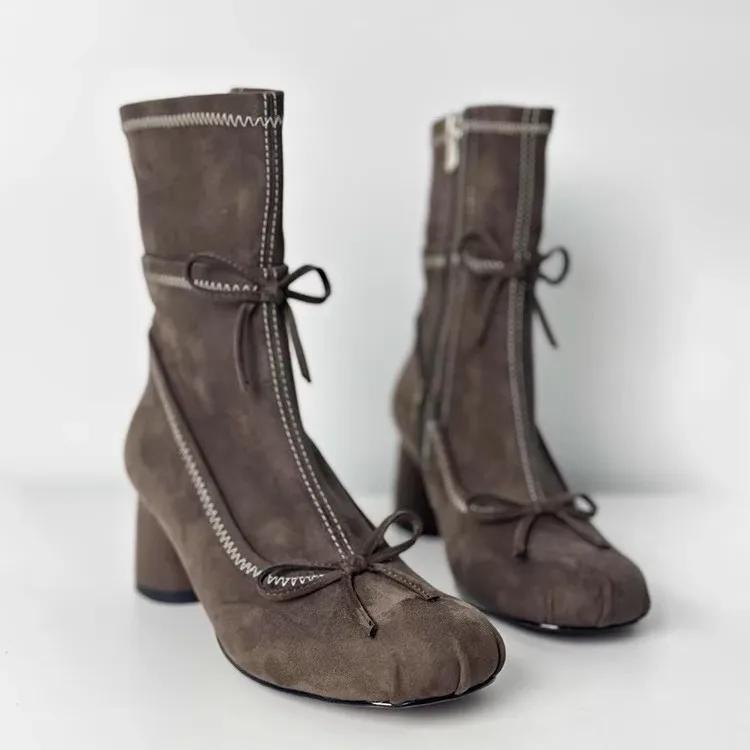 

French Ballet Style Thick Heel Skinny Boots Women s Butterfly-Knot Round Toe Short Boots Side Zipper Elastic Mid-Calf Boots 35