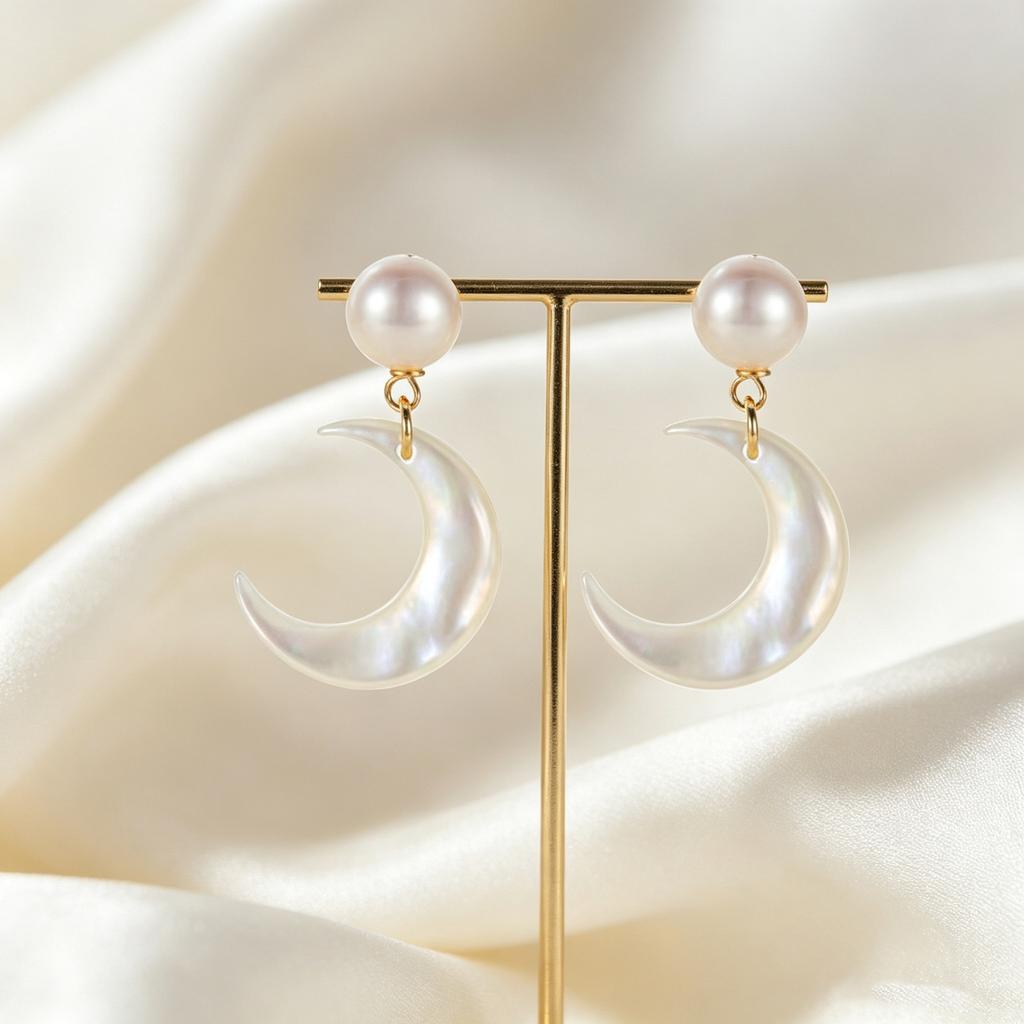 Natural freshwater pearl moon stud earrings for women, French light luxury design, natural white butterfly mother-of-pearl, crescent pendant earrings