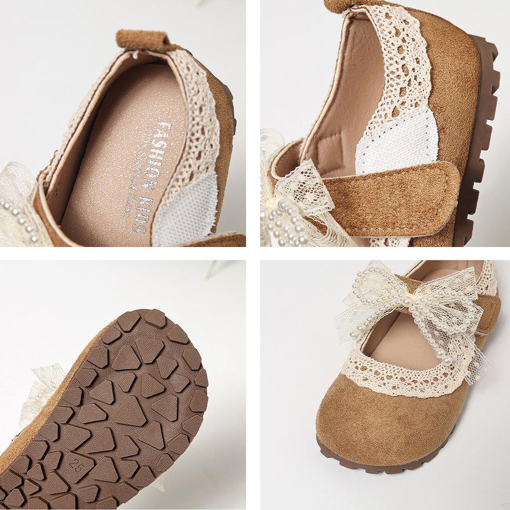 Kinder Weiche Sohle Leder Kleinkindschuhe Schnürband Schleife Verziert zum Hineinschlüpfen Ballerinas Bequem Flexible Sohle Schuhe für Mädchen