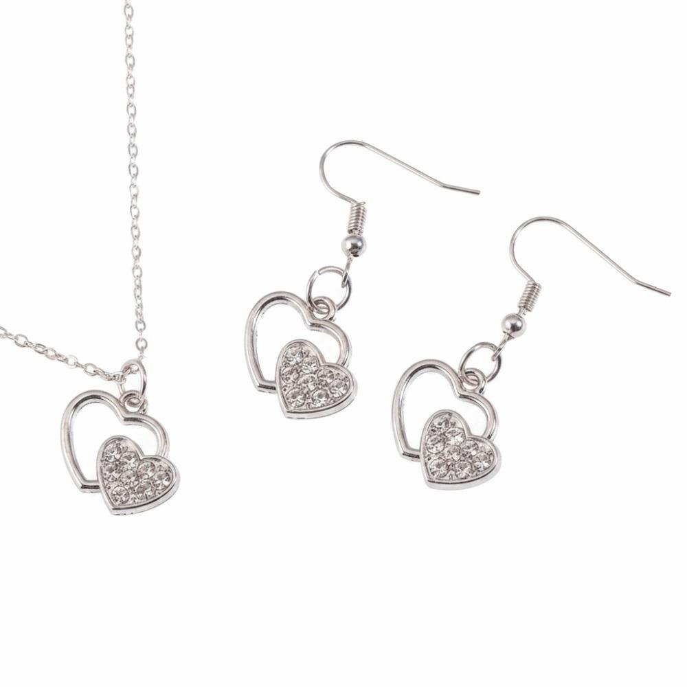 Gold Color Love Charm Earrings Exquisite Silver Color Double Heart Necklace 3Pcs Set Light Luxury Bridal Accessory Set