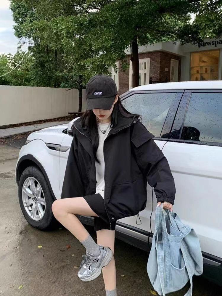 Women's Korean-Style Hooded Windbreaker: Spring/Autumn 2025, Loose Fit, Drawstring, Long Sleeve.