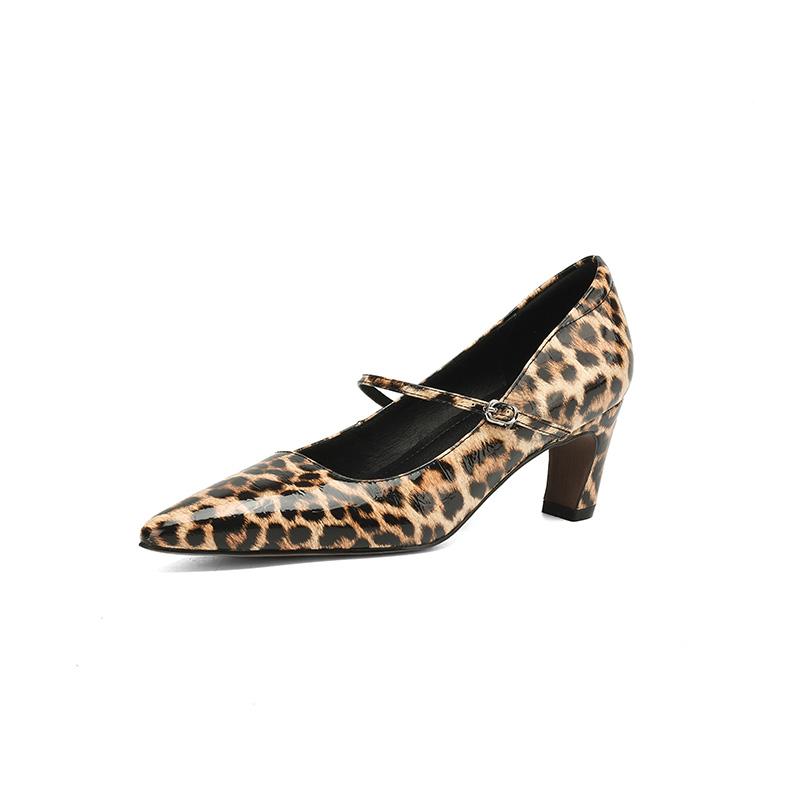 Fashion Genuine Leather Women Pumps Shallow Mary Jeans Strap Single Shoes 6cm Square High Heels Leopard Print Prom Party Sapatos Mujer