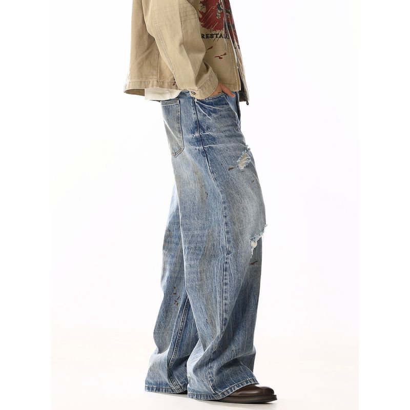 American Retro Loose Dirty-Dyed Distressed Jeans for Men and Women with Unique Design, Whiskered Casual Straight-Leg Wide-Leg Pants
