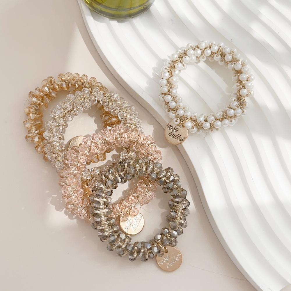 3 stuks/set Kristallen Parelkralen Elastische Bandjes Scrunchies Haaraccessoires Dames Paardenstaart Houder Hoofddeksels beige