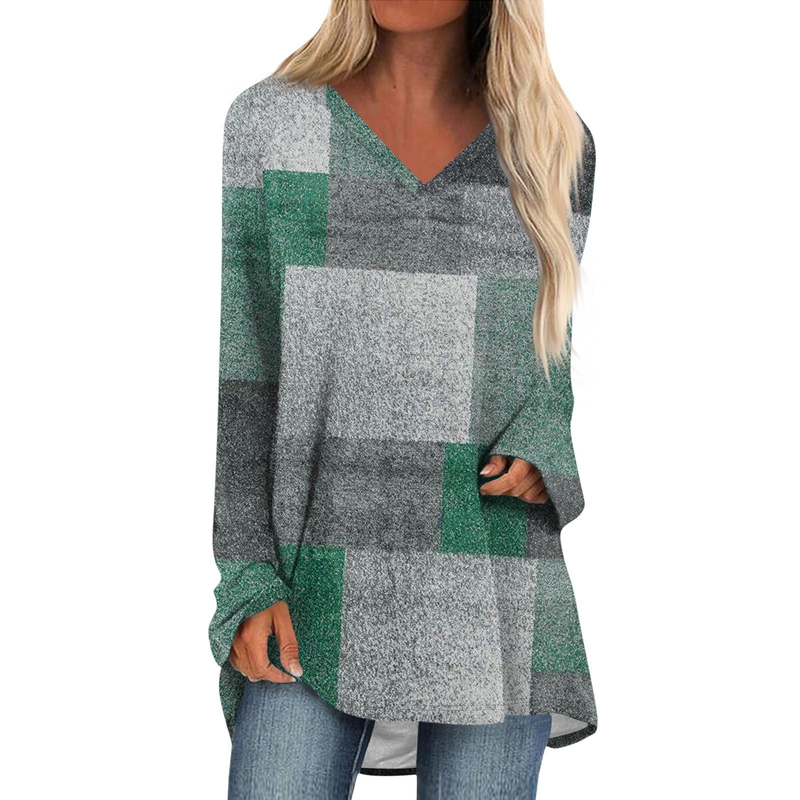 

Женская осенне-зимняя повседневная длинная свободная футболка с v-образным вырезом и длинными рукавами и принтом L зелёный