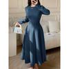 European autumn new solid color round neck front shoulder long sleeve waist thin fashion medium and long dress