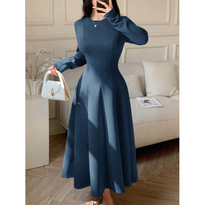 European autumn new solid color round neck front shoulder long sleeve waist thin fashion medium and long dress