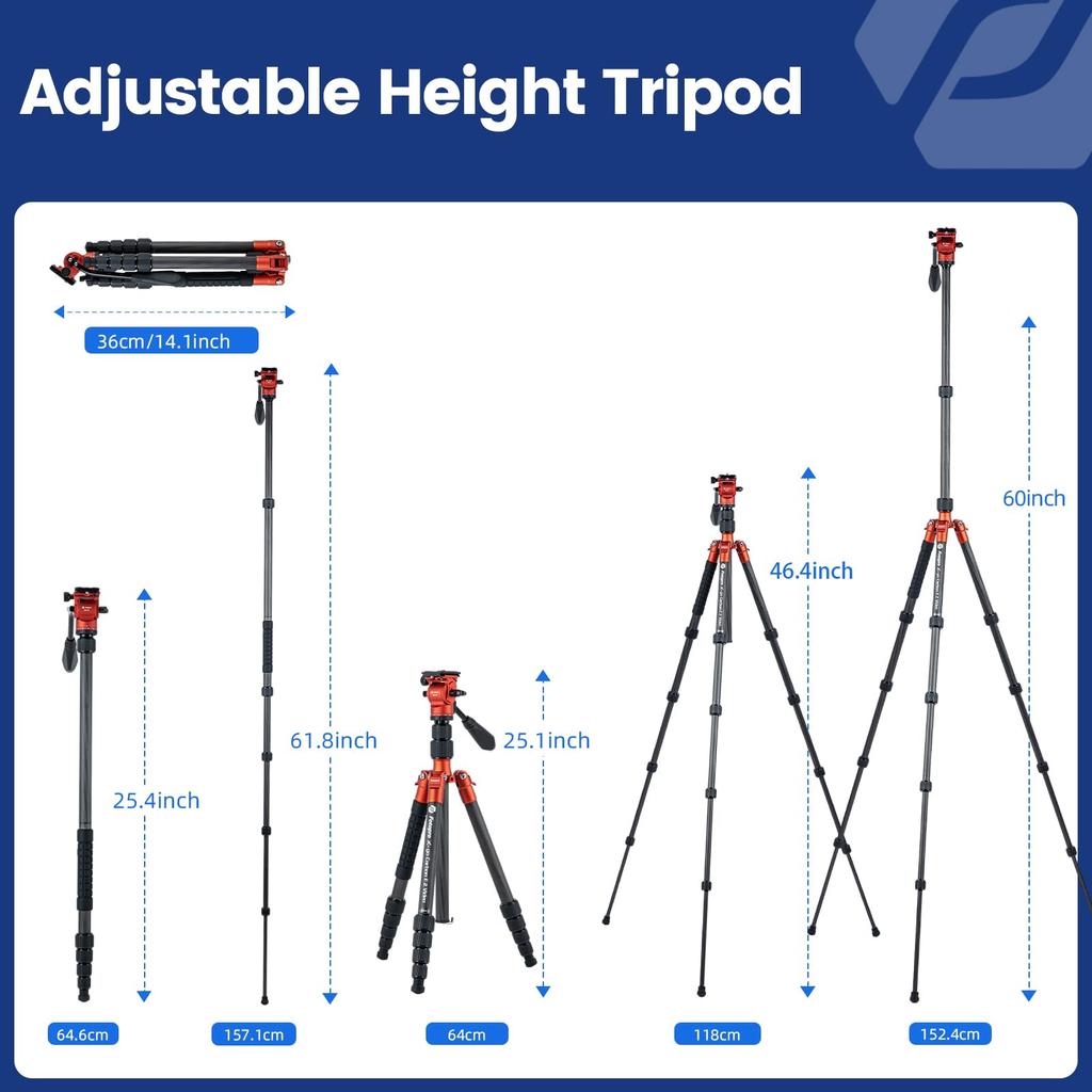 Fotopro 152cm Carbon Fiber Travel Compact Camera Tripod with Fluid Head and Detachable Monopod Tripod,