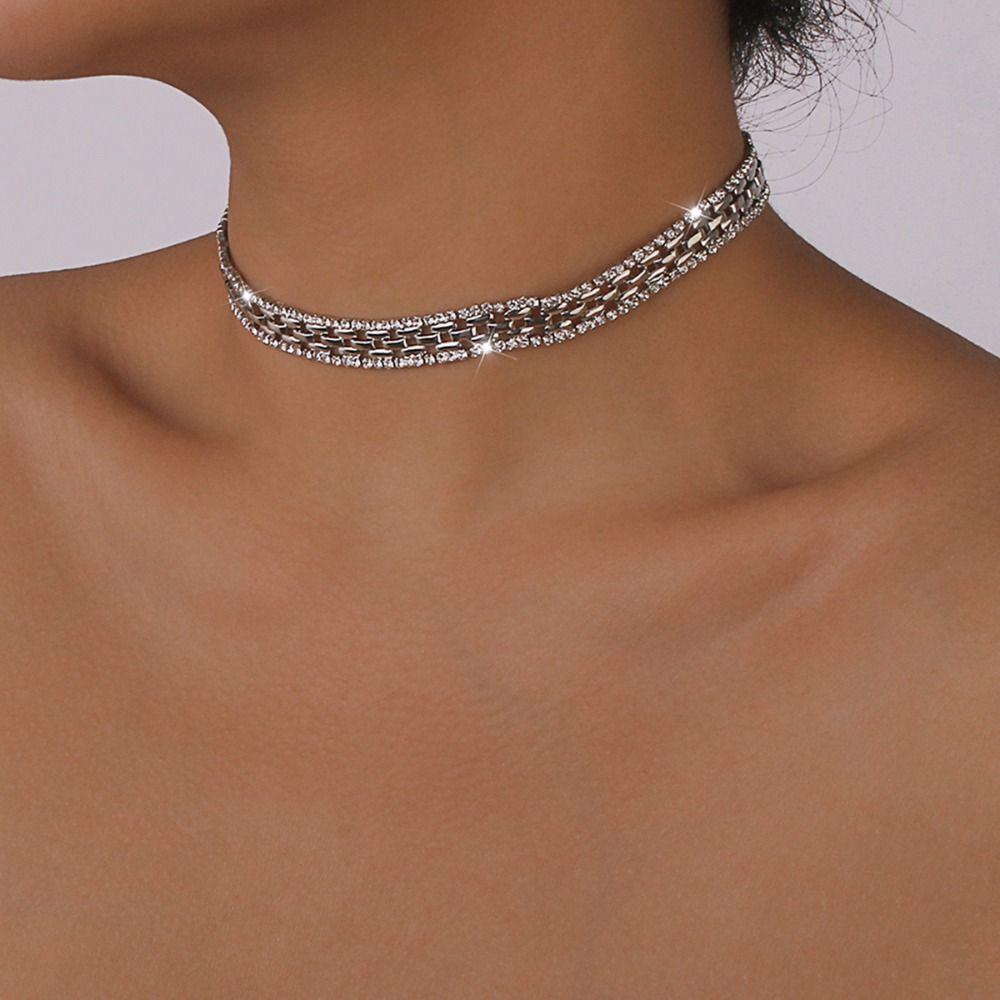 Geometric Rhinestone Necklace Choker Hollow Out Clavicle Chain Sweet Crystal Clavicle Chain  Party