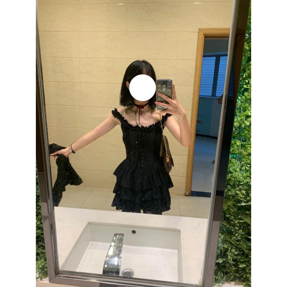 Lotus leaf edge suspender dress female summer drag sister style small black dress temperament elegant girl