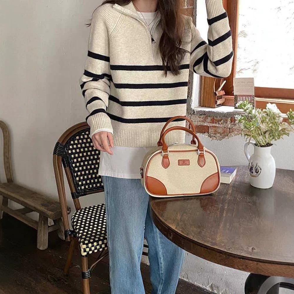 Korean Style Retro Half-Zip Striped Sweater for Women - 2026 Autumn New Arrival Knitwear Pullover