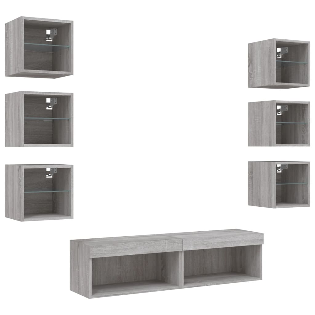 8 Piece Living Room Wall Unit with LED Lighting Grey Sonoma Wood Based Material