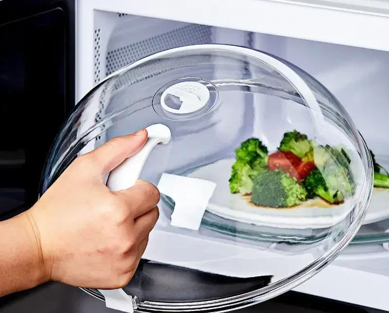 Microwave Food Splash Guard High Temperature Resistant Food Heating Cover with Steam Vent and Handle Transparent Plate Cover