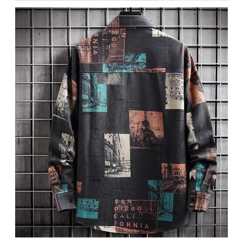Camicia da Uomo Retro Patchwork Manica Lunga Oversize Casual con Bottoni