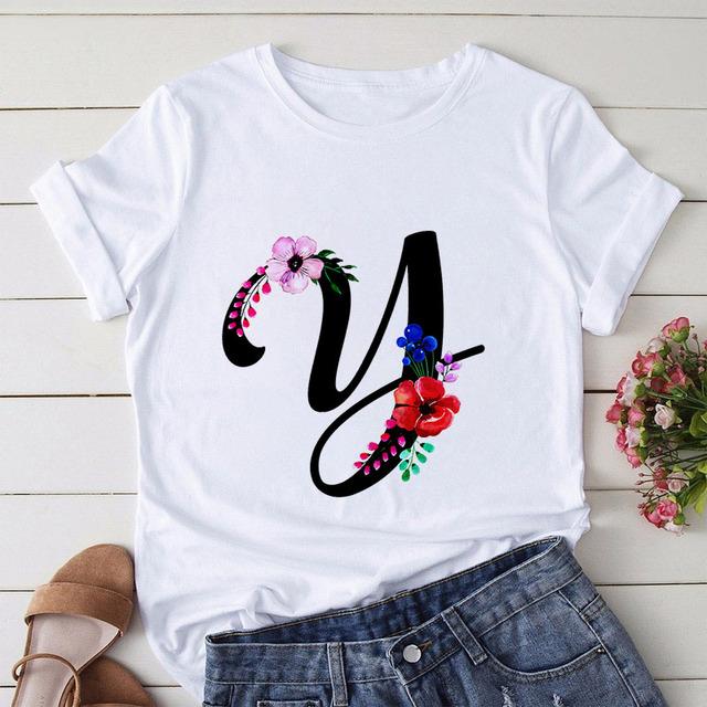New Alphabet Print Women T Shirt Woman Harajuku Short Sleeve Tees Shirt Floral Letters T-Shirt Girl Summer Tee Top Femme Tshirt