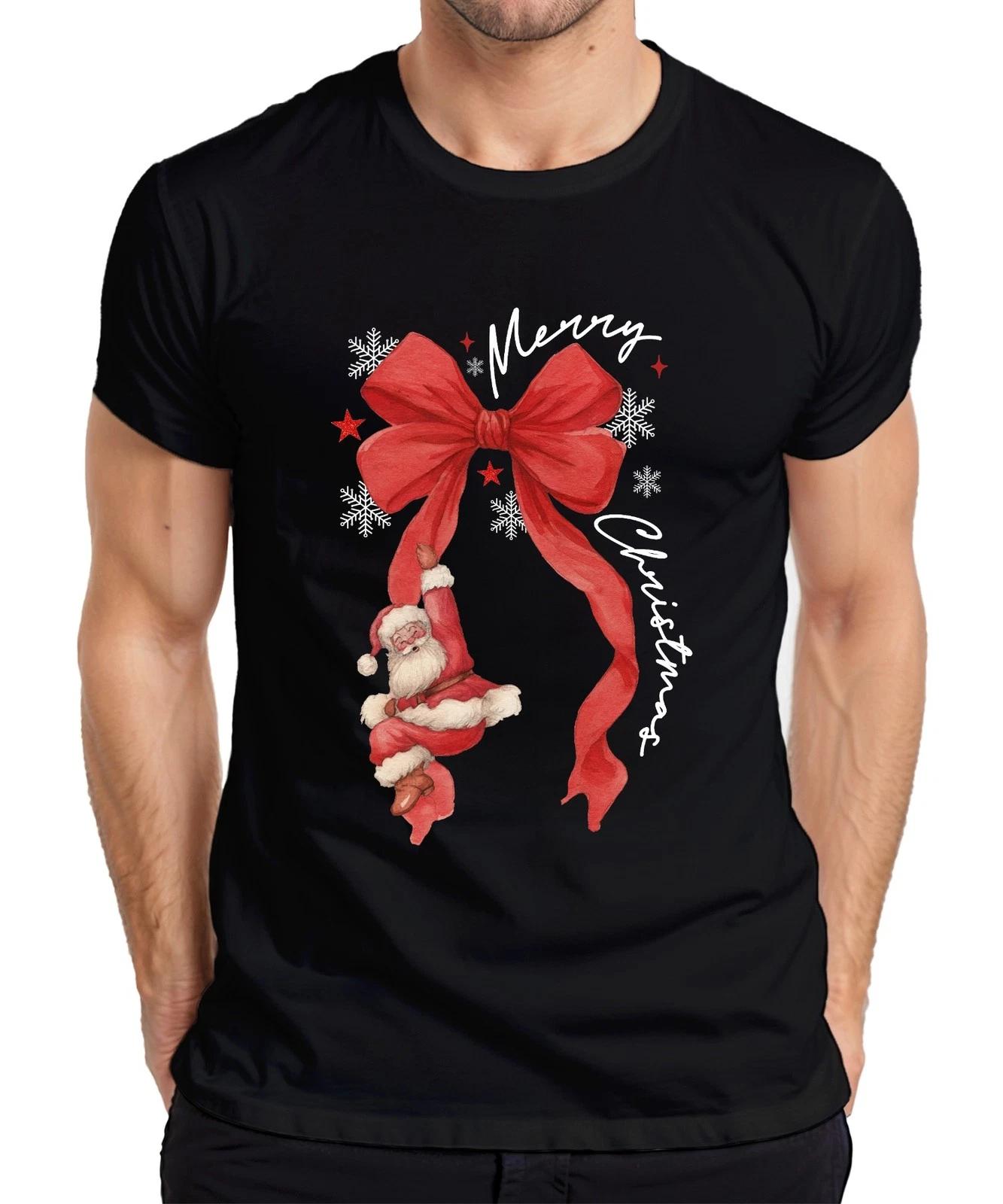 Merry Christmas Weihnachtsmann rote Schleife Schneeflocken Herren T-Shirt XL