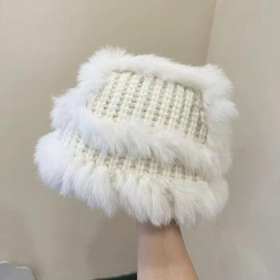 Women Fisherman Hat Imitation Rabbit Fur Decor Autumn Winter Windproof Warm Dome Soft Knitting Basin Hat