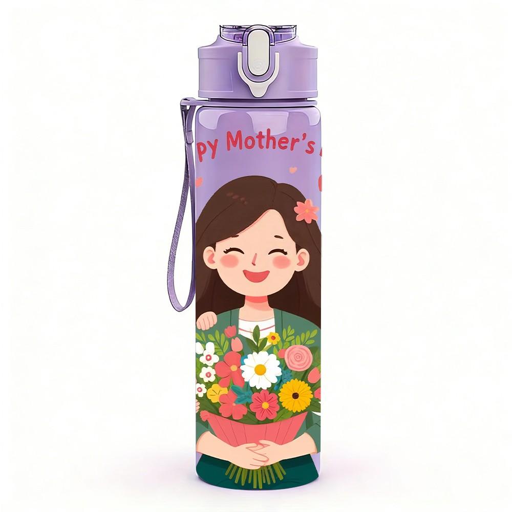 1PC Mothers Day Mom Kids Floral Heart Print 750ml Color Plastic Sports Water Bottle Leakproof Flip Straw Lid Suitable for Sports Office Home Use