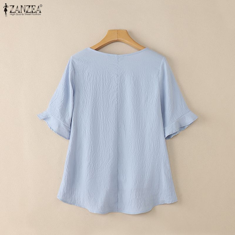 ZANZEA Women Casual Round Neck Loose Drawstring Waist Half Sleeve Blouse