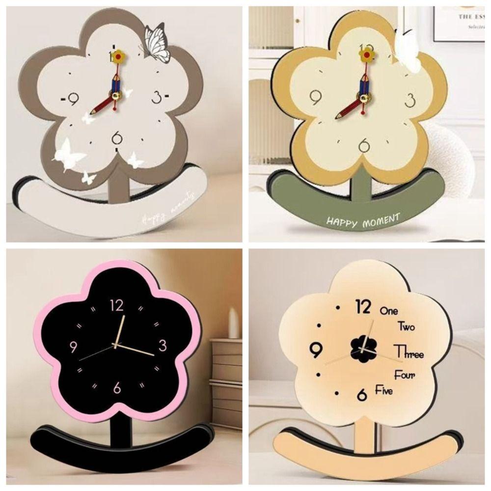 Charming Wooden Silent Pendulum Clock Elegant Clear Dial Desk Clock Vintage Non-slip Small Flower Clock Office