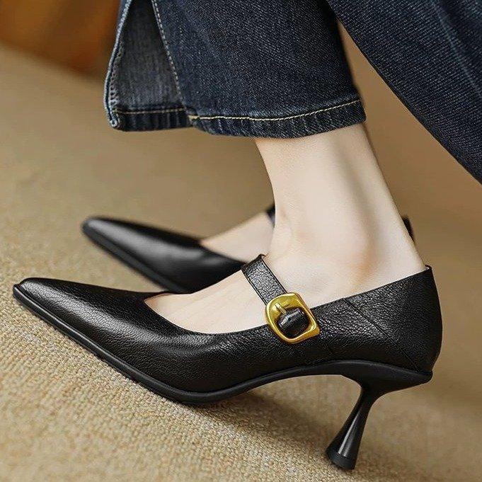High heels 2025 autumn new women's shoes stiletto mid-heel low-top shoes retro shallow single shoes Mary Jane shoes
