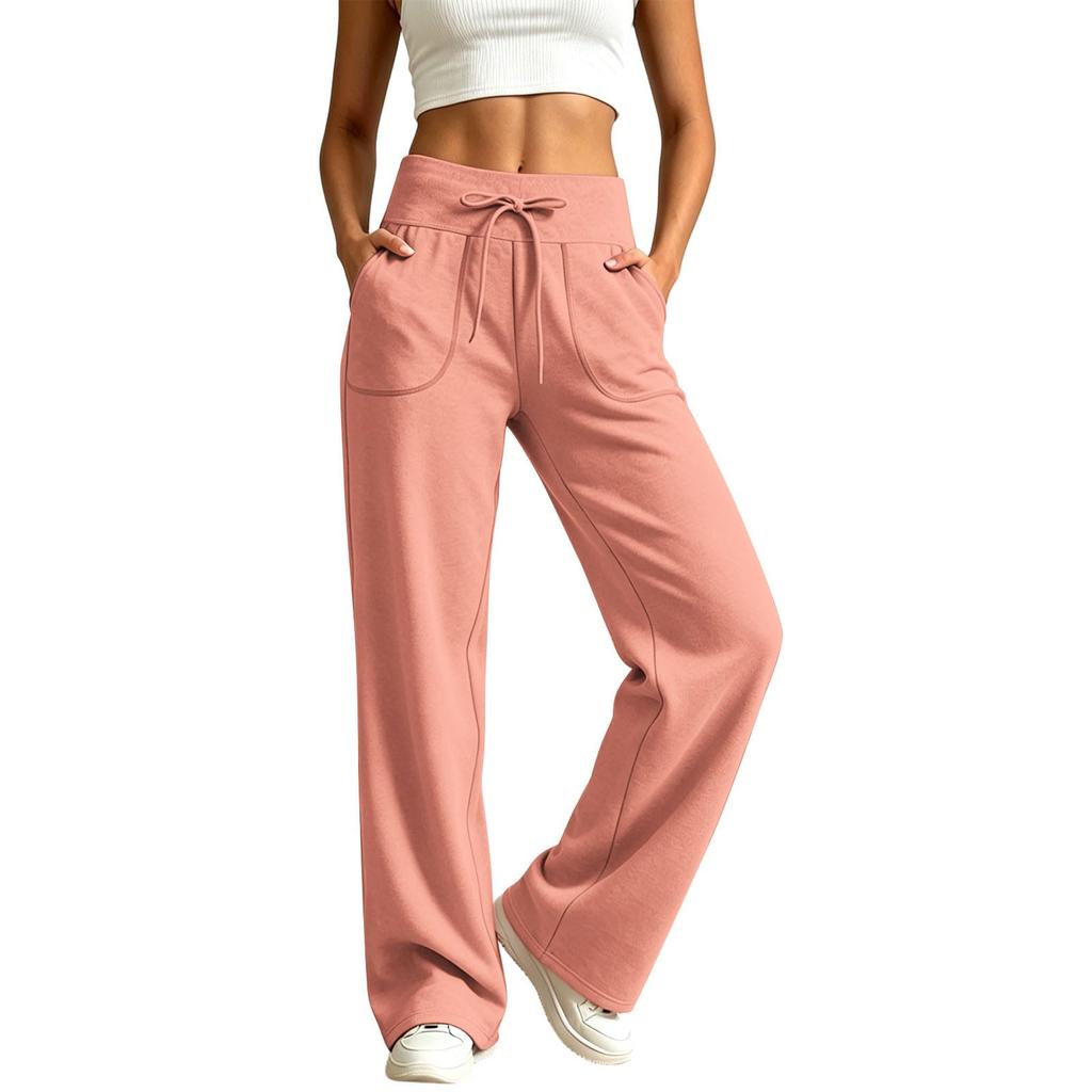 Damen Freizeit Locker Geschnittene Weite Beine Jogginghose Kordelzug Taille Mit Taschen Bequeme Lange Loungehosen