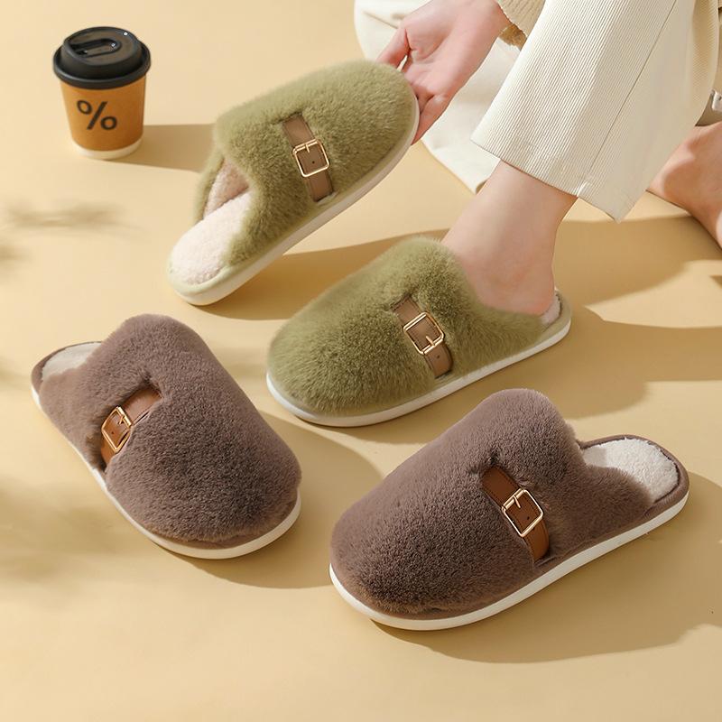 Plush Buckle Cotton Shoes Autumn and Winter Leisure Indoor Home Couple Plush Thick-soled Warm Cotton Slippers EVA Sole