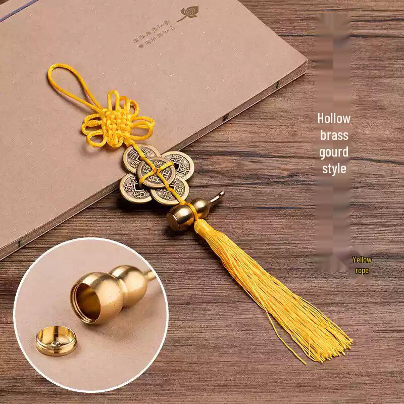Chinese Knot Brass Five Emperors Coins Pendant with Peach Wood Gourd Ornament for Home or Car