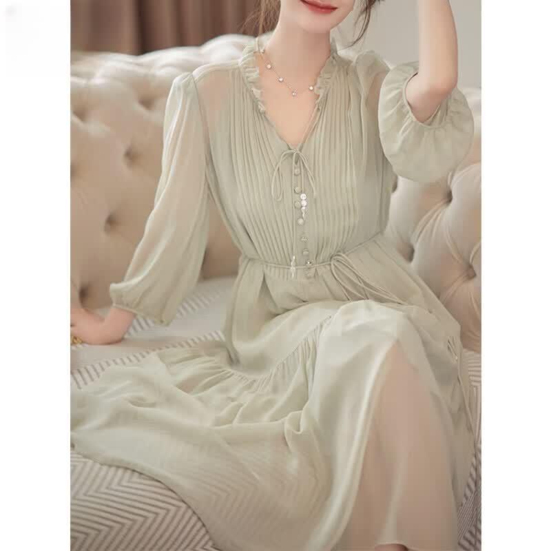 Basic House Elegant French Style Mulberry Silk Midi Dress L