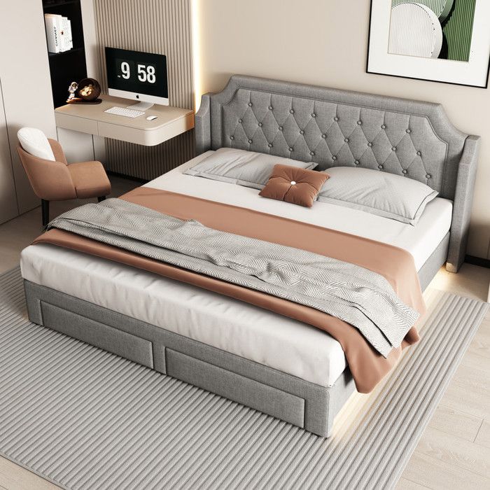 Lit rembourré - MUVOE - 180x200 cm - 2 tiroirs - Éclairage LED - Lin gris