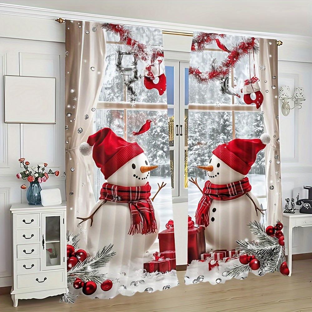 2pcs Christmas Snowman Sheer Curtains – Festive Winter Scene Print Polyester for Living Room   Bedroom & Office
