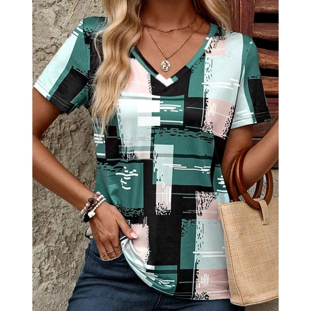 Summer plaid women's V-neck T-shirt outdoor casual short-sleeved top