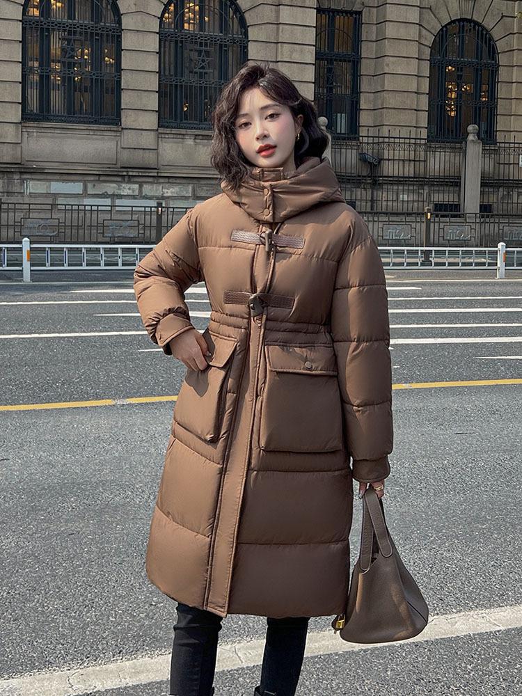 Loose waist and thin down cotton-padded clothes for women's medium and long niche thickened hooded cotton-padded jacket winter coat