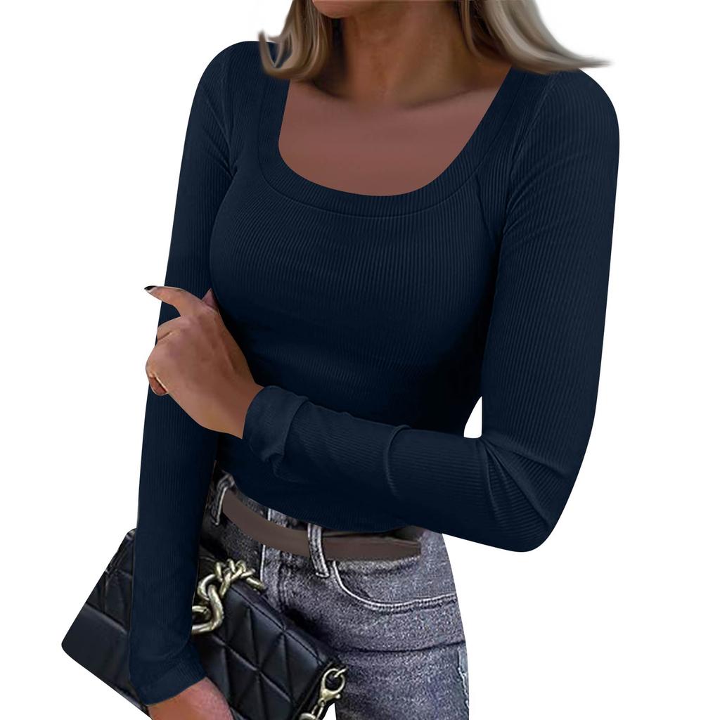 Women's  And Winter Slim Bottom T-shirt Fashion Casual Solid Color Square Neck Pullover Long Sleeve Top