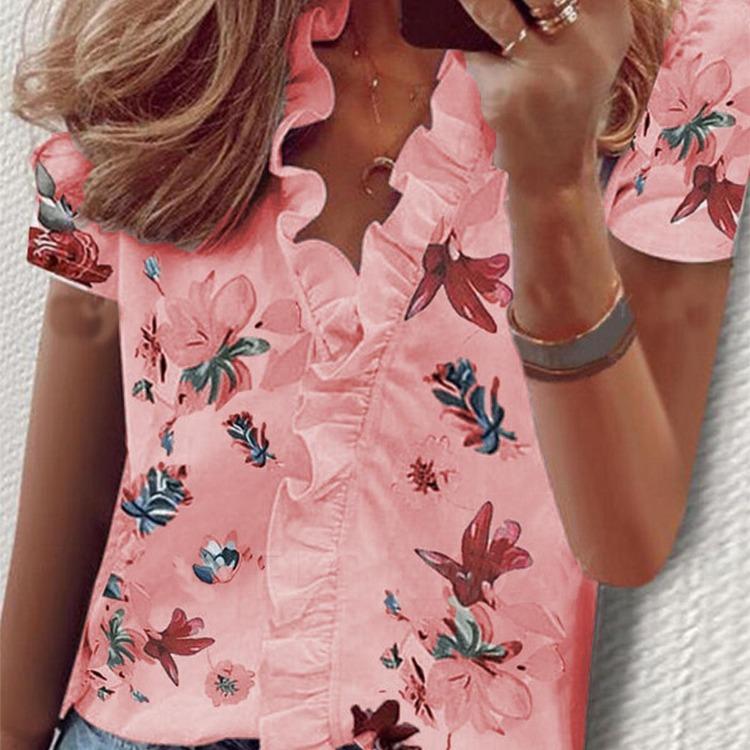 Blouses & Shirts - Summer Flower Print Casual Short Sleeve Blouse Women Fashion Shirt