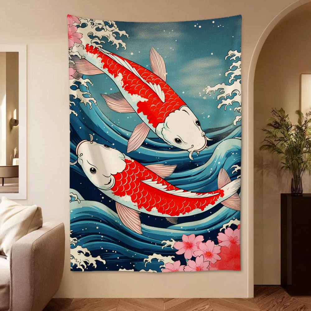 VIKAMA Ukiyoe Koi Fish Wave Tapestry Japanese Style Healing Wall Hanging for Bedroom Entryway  Homestay Decor