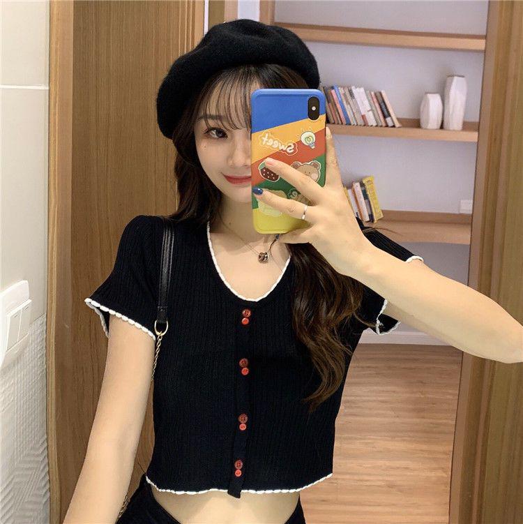 Damski top dzianinowy z lodowego jedwabiu z dekoltem w serek 2025 Slim Fit - Letni z krótkim rękawem, z wysokim stanem