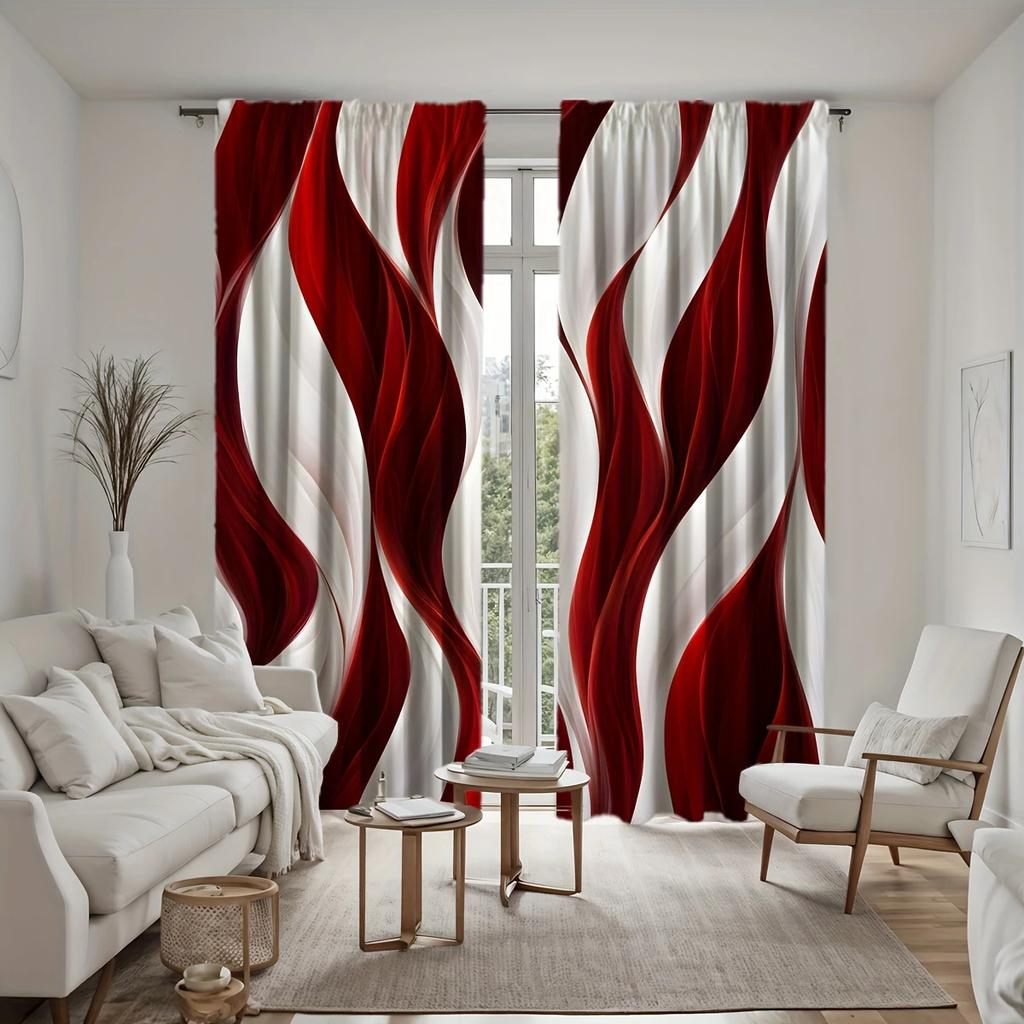 Elegant Red and White Abstract Wave-printed Curtains, Pole Bag Curtains, Home Decoration, Room Decoration