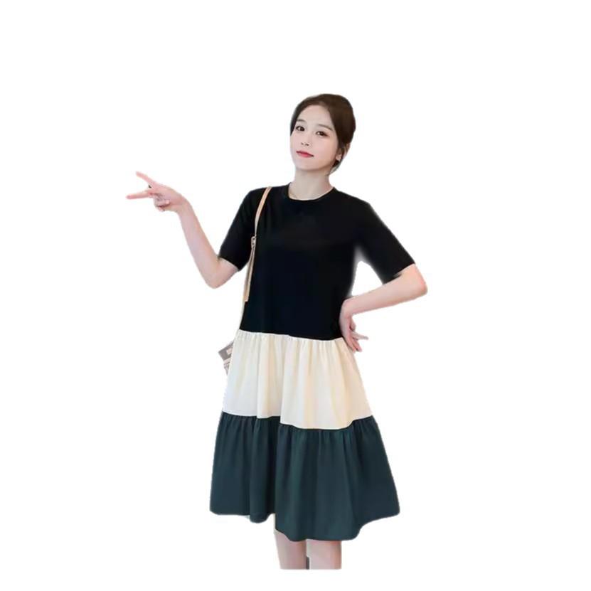 Korean Version of T-shirt Dress Splicing Contrasting Color Schoolgirl Loose Large Size Fashion Foreign Style Medium and Long Knee Skirt Summer