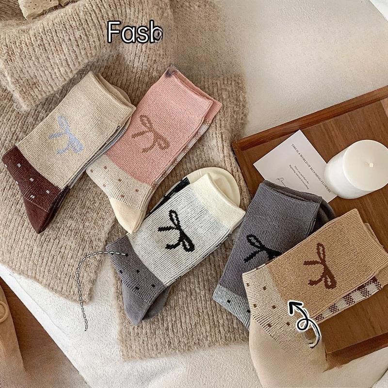 AB Side Bow Tie Socks, Women's Mid-calf Socks, Spring and Autumn Sweat-absorbing, Breathable, Odor-proof Boneless Socks, Long Calf Socks